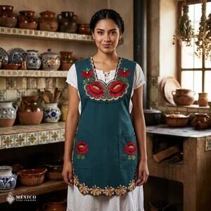 Mexican Embroidered Smock Apron – Floral Traditional Design